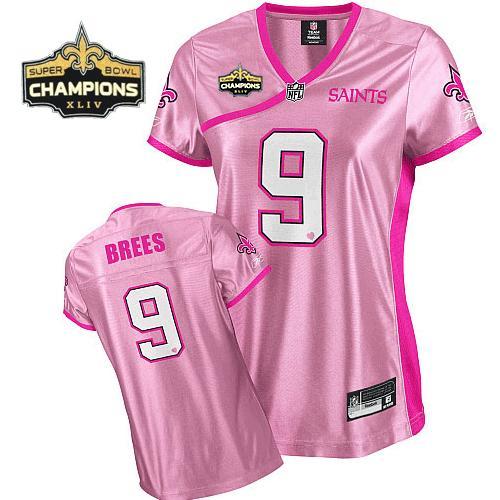 Saints #9 Drew Brees Pink Women's Be Luv'd Super Bowl XLIV 44 Champions Stitched NFL Jersey